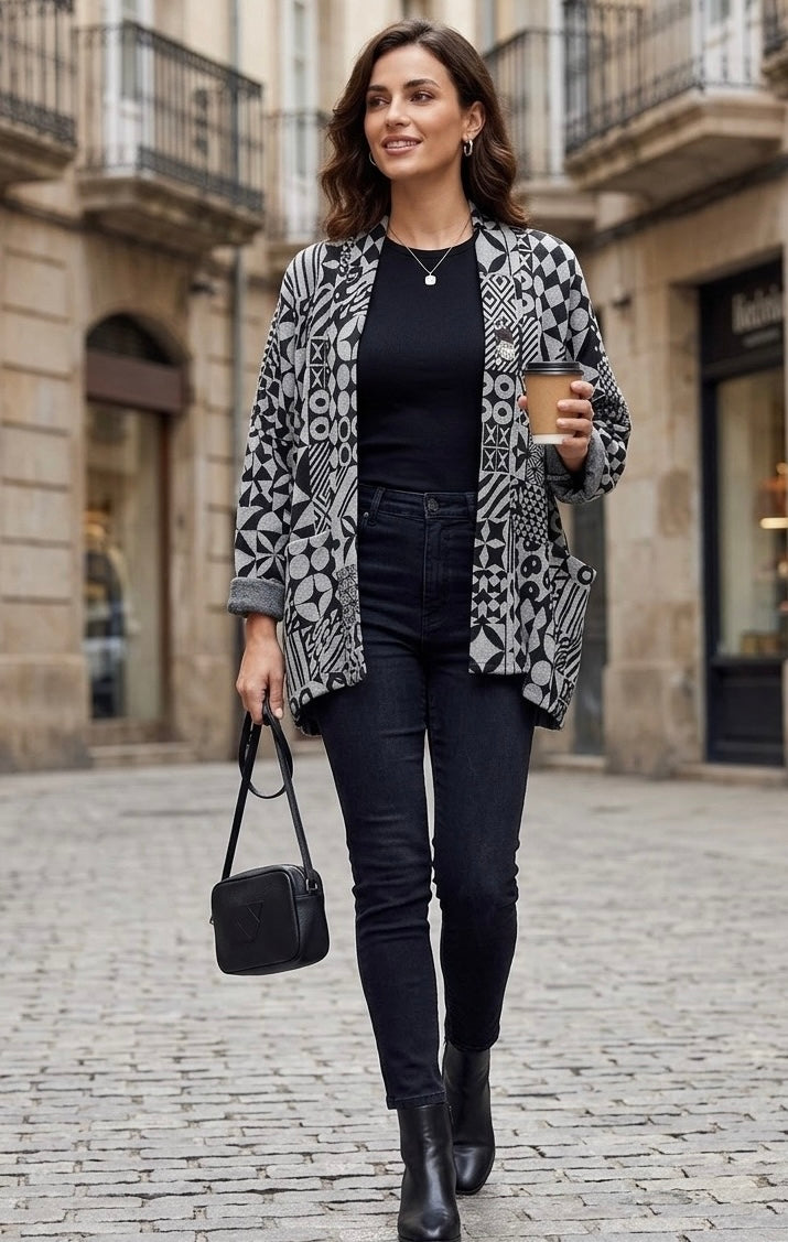 Cardigan Oversize "Urban Geometry" – Black & Grey